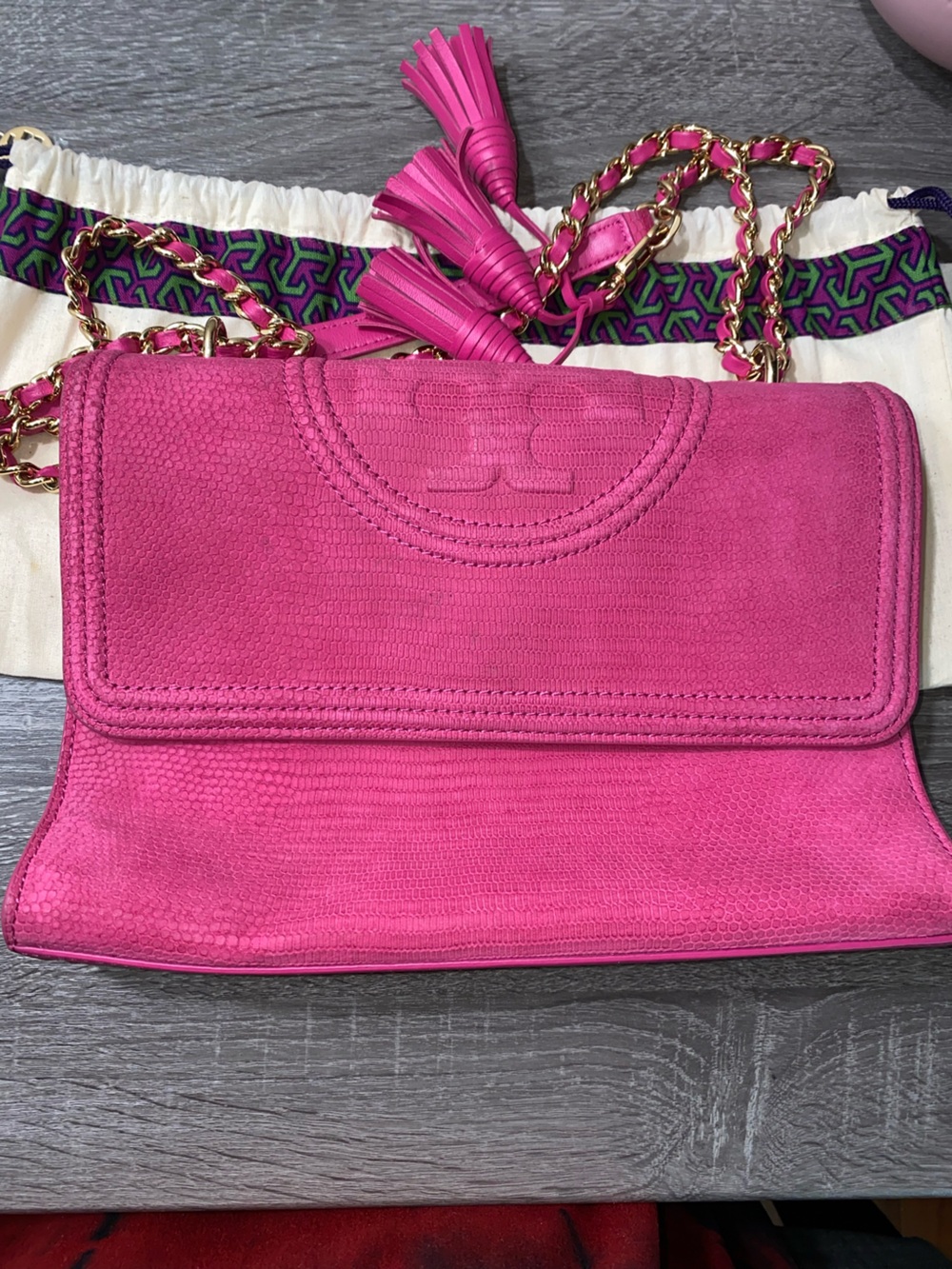 Tory Burch Hot Pink Suede Fleming Tassel Chain Shoulder Bag